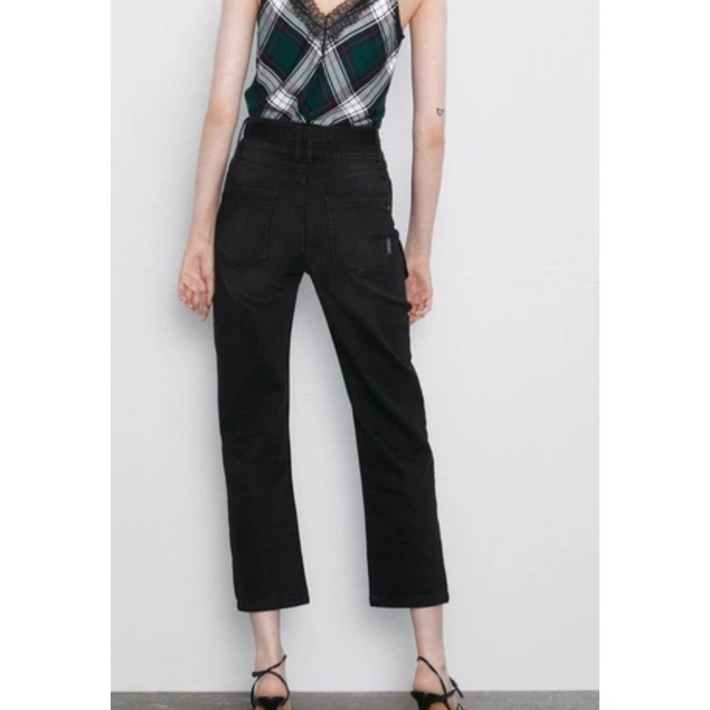 Zara Jeans Womens 6 Black High Rise Utility‎ Patch Pocket Marine Straight Leg